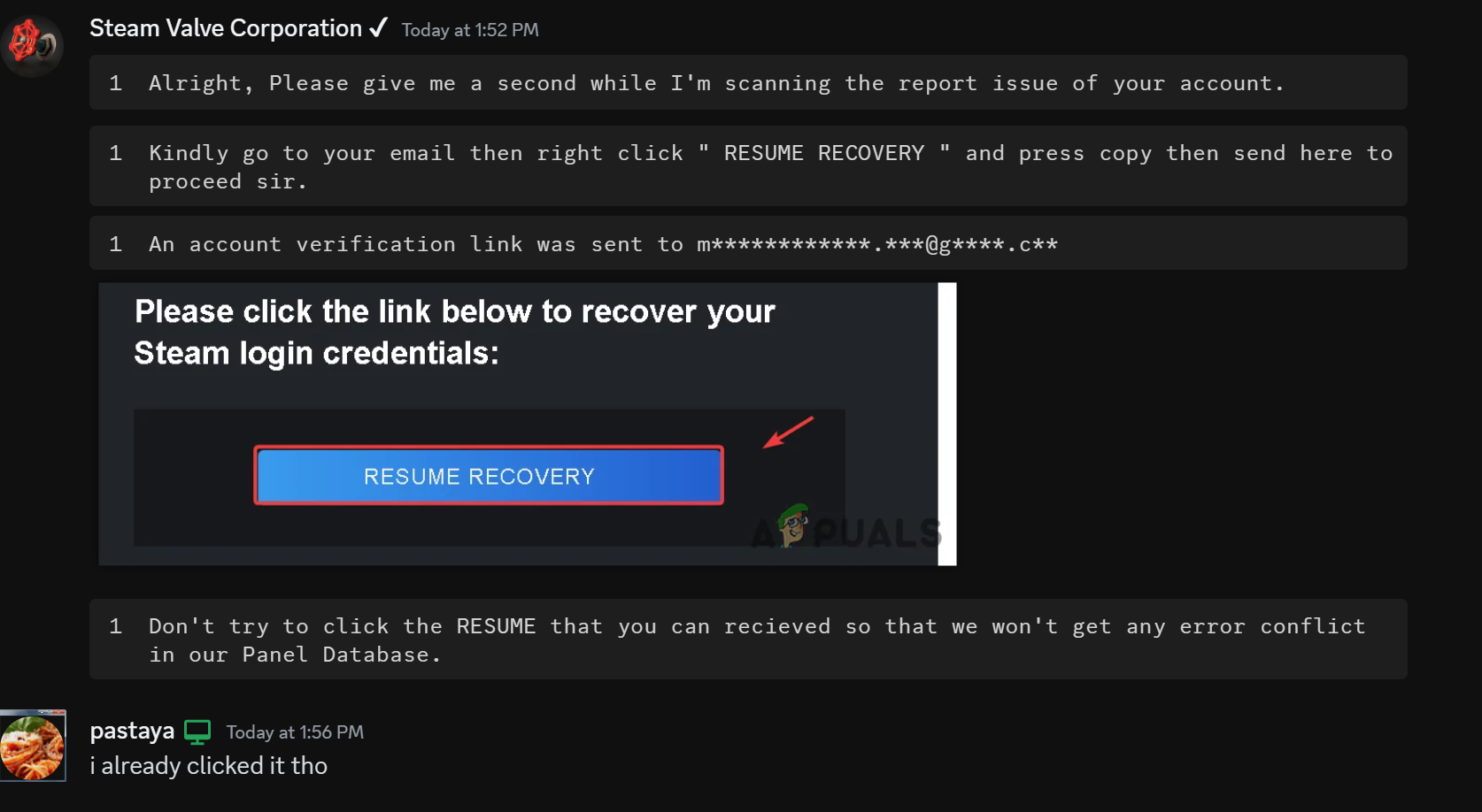 the scammer telling me to give him the recovery link